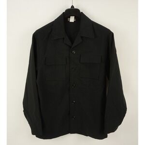 Vintage 1980s YMLA Open Collar Camp Shirt Jacket Mens Medium Black Woven Stretch